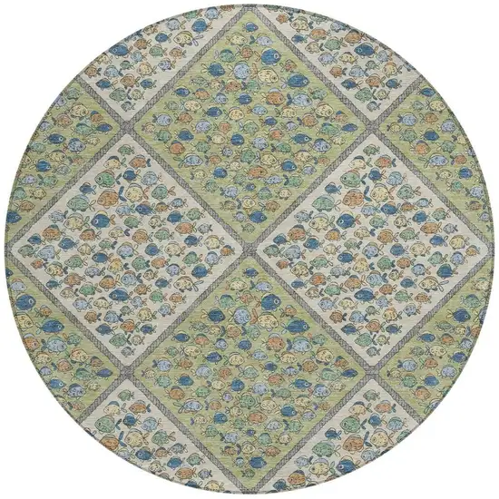 8' Green And Beige Round Abstract Washable Indoor Outdoor Area Rug Photo 2