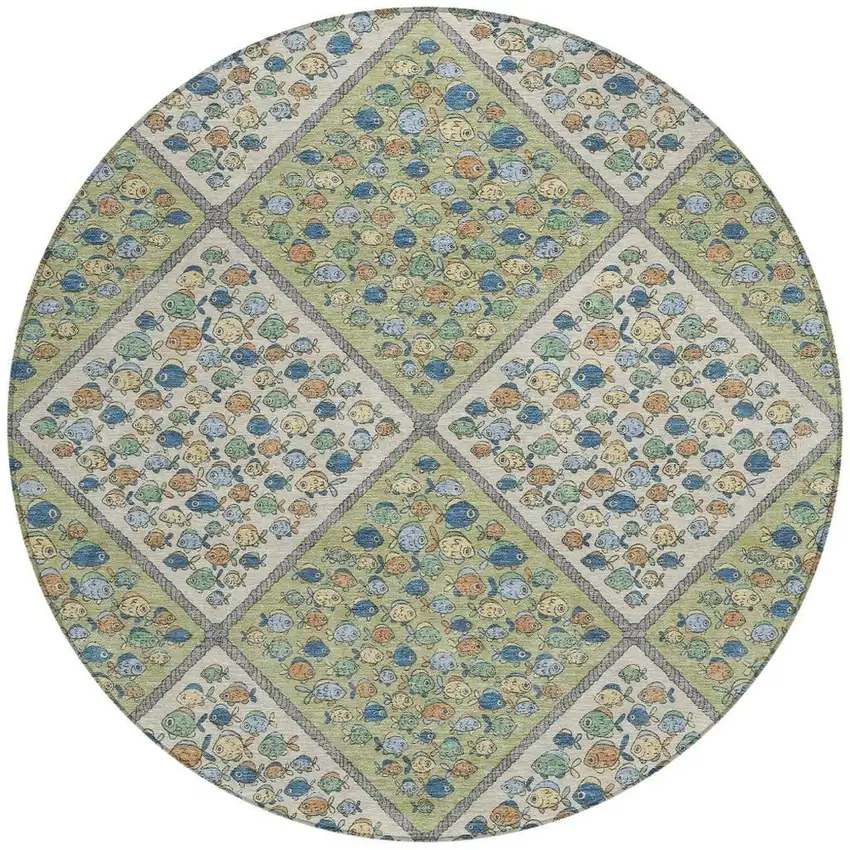 8' Green And Beige Round Abstract Washable Indoor Outdoor Area Rug Photo 2