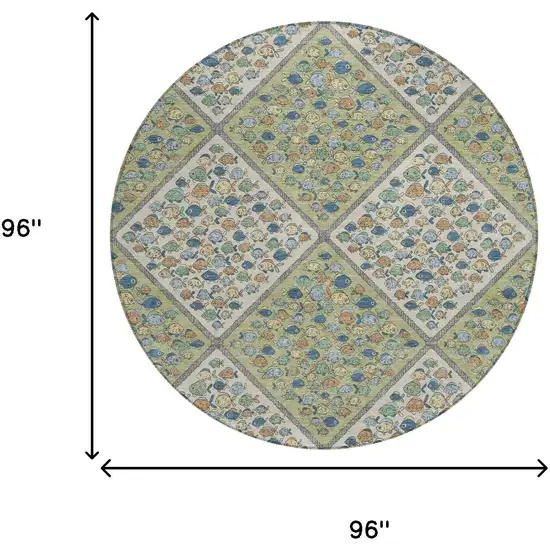8' Green And Beige Round Abstract Washable Indoor Outdoor Area Rug Photo 6