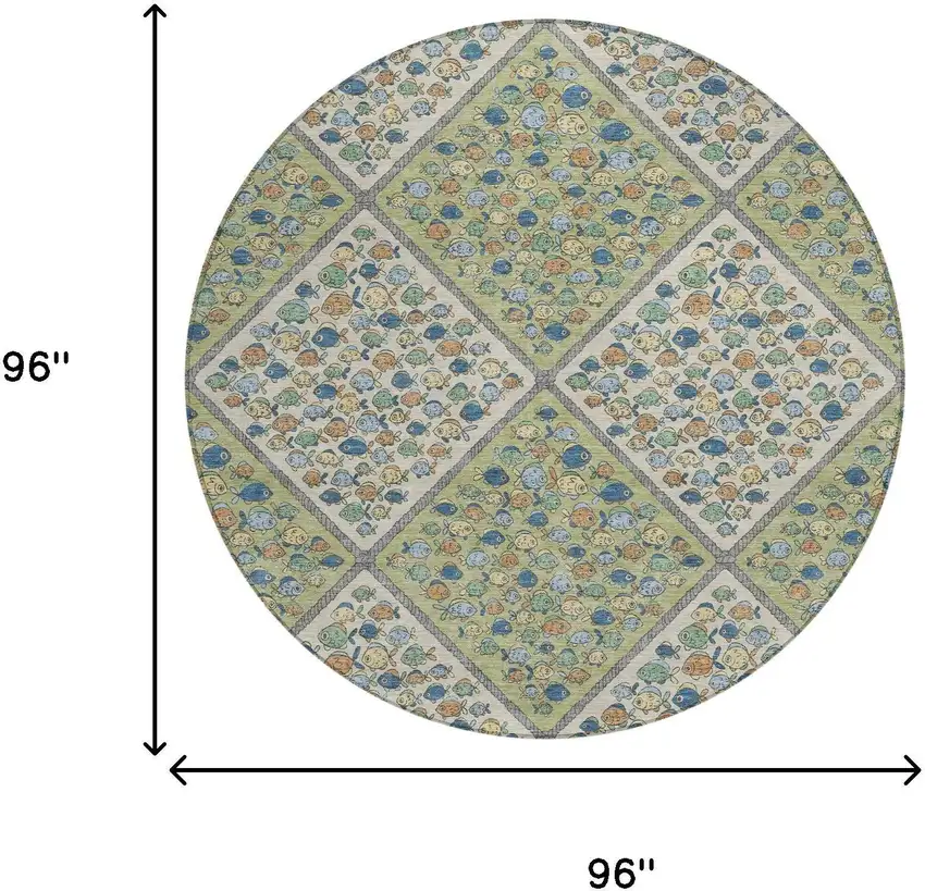8' Green And Beige Round Abstract Washable Indoor Outdoor Area Rug Photo 6
