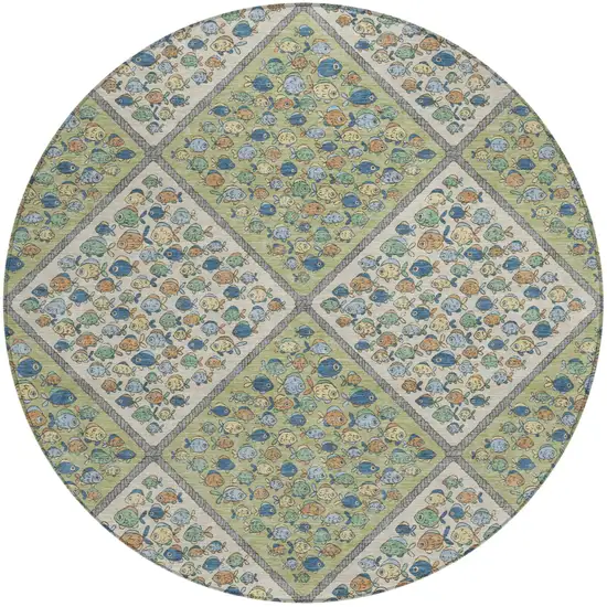 8' Green And Beige Round Abstract Washable Indoor Outdoor Area Rug Photo 1
