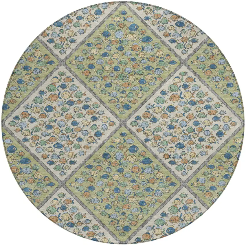 8' Green And Beige Round Abstract Washable Indoor Outdoor Area Rug Photo 1
