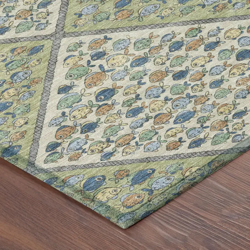 8' Green And Beige Round Abstract Washable Indoor Outdoor Area Rug Photo 4