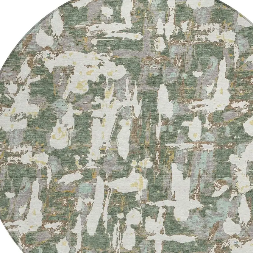 8' Green And Beige Round Abstract Washable Indoor Outdoor Area Rug Photo 5