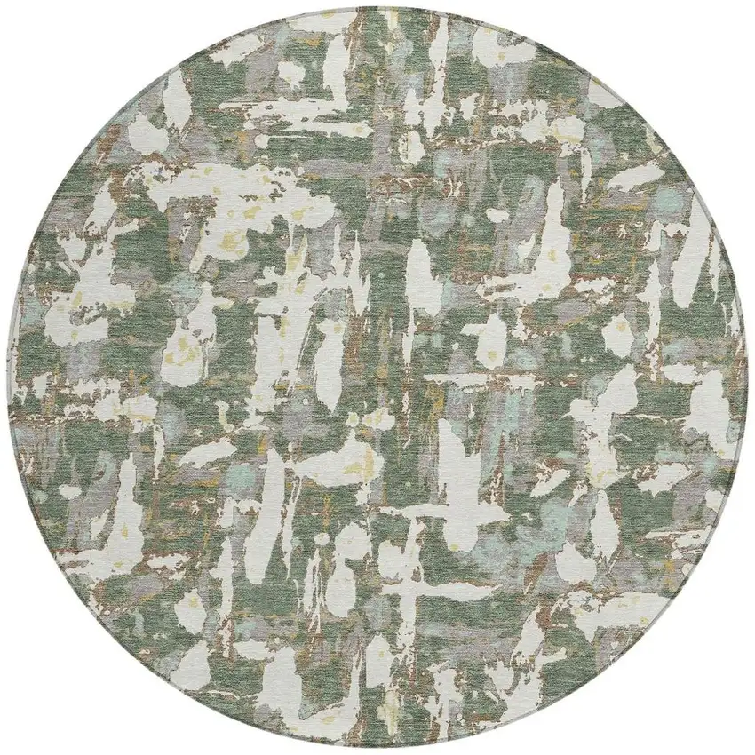 8' Green And Beige Round Abstract Washable Indoor Outdoor Area Rug Photo 3