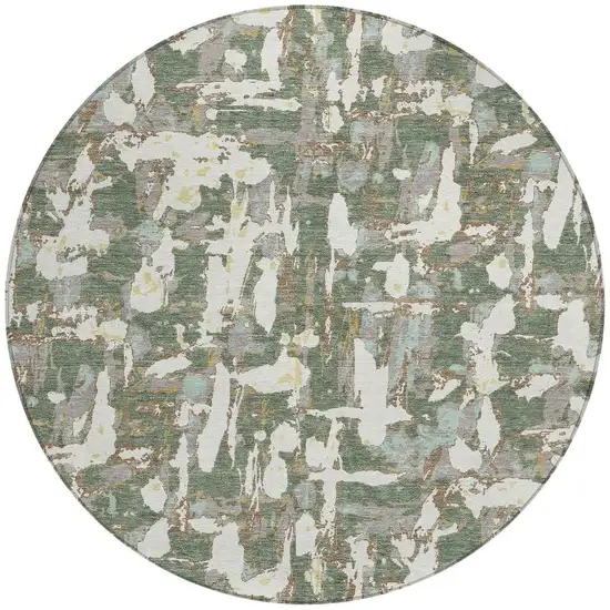 8' Green And Beige Round Abstract Washable Indoor Outdoor Area Rug Photo 3