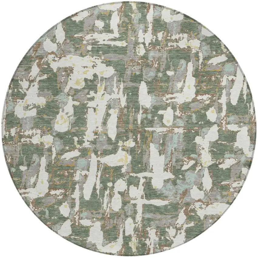 8' Green And Beige Round Abstract Washable Indoor Outdoor Area Rug Photo 2