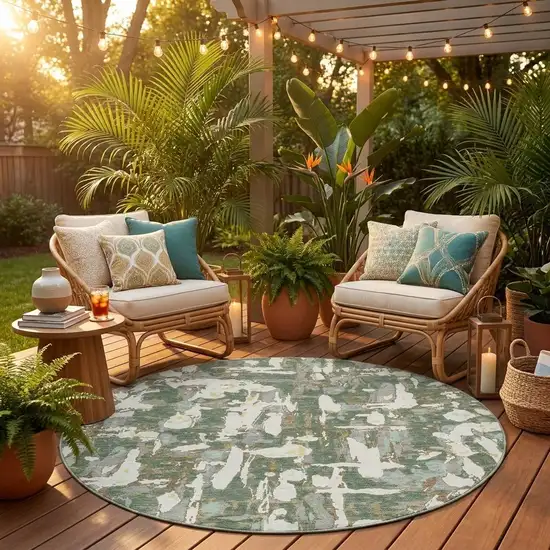 8' Green And Beige Round Abstract Washable Indoor Outdoor Area Rug Photo 1
