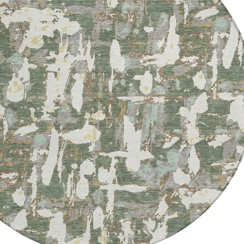 8' Green And Beige Round Abstract Washable Indoor Outdoor Area Rug Photo 4