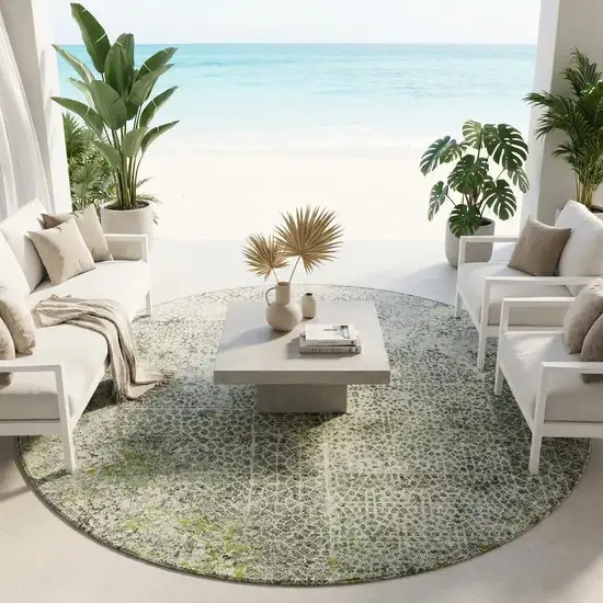 8' Green And Beige Round Abstract Washable Indoor Outdoor Area Rug Photo 1