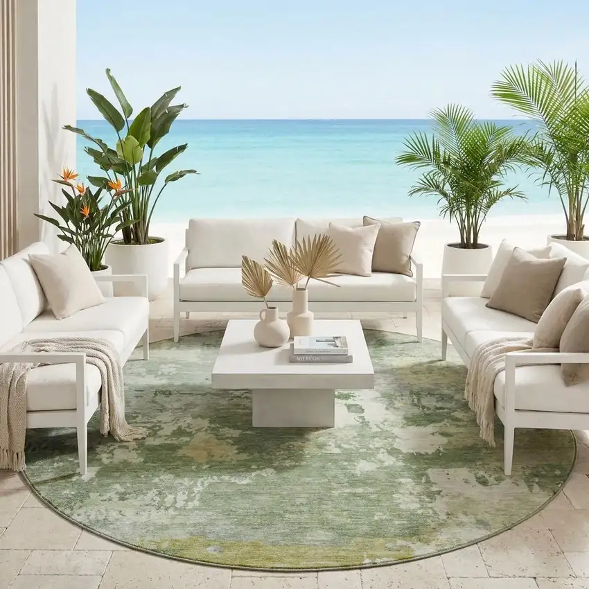 8' Green And Beige Round Abstract Washable Indoor Outdoor Area Rug Photo 1