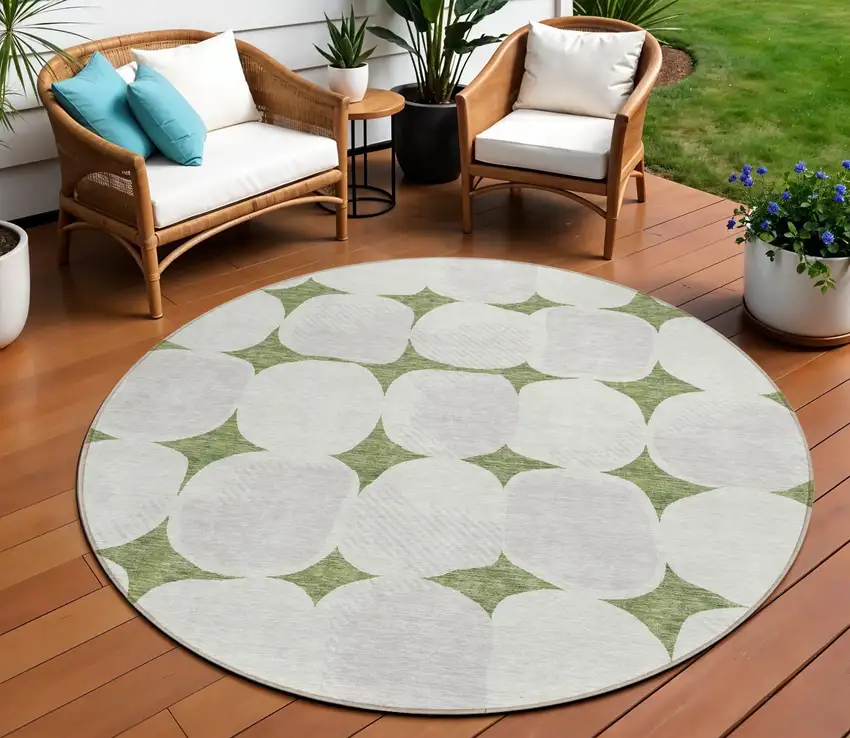 8' Green And Beige Round Abstract Washable Indoor Outdoor Area Rug Photo 1