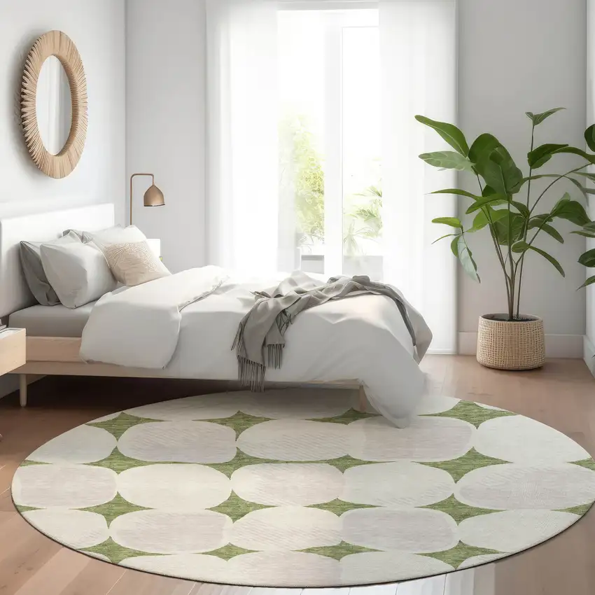 8' Green And Beige Round Abstract Washable Indoor Outdoor Area Rug Photo 8