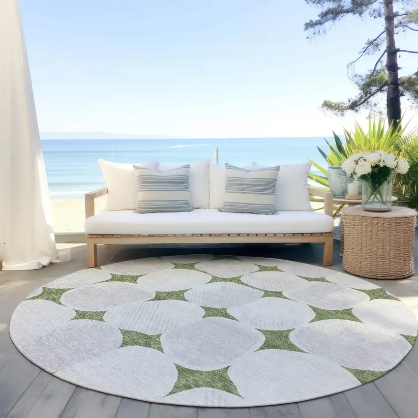 8' Green And Beige Round Abstract Washable Indoor Outdoor Area Rug Photo 7