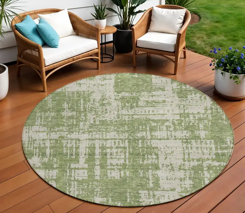 8' Green And Beige Round Abstract Washable Indoor Outdoor Area Rug Photo 1