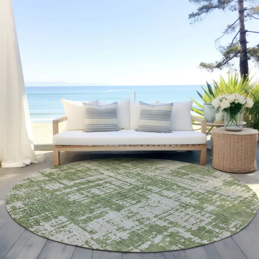 8' Green And Beige Round Abstract Washable Indoor Outdoor Area Rug Photo 7
