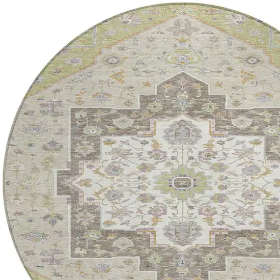 8' Green And Beige Round Floral Medallion Washable Indoor Outdoor Area Rug Photo 4