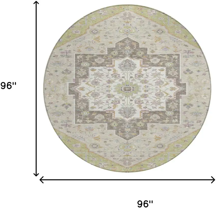 8' Green And Beige Round Floral Medallion Washable Indoor Outdoor Area Rug Photo 7