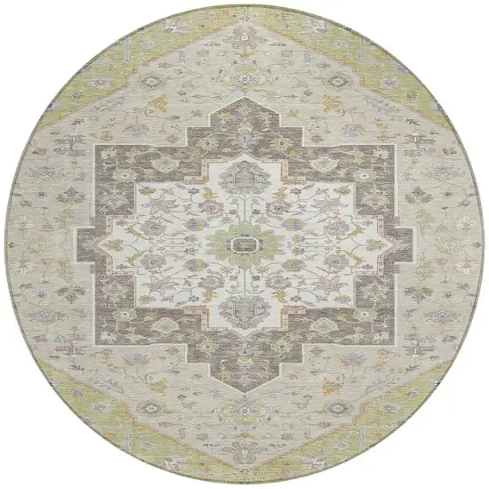 8' Green And Beige Round Floral Medallion Washable Indoor Outdoor Area Rug Photo 3