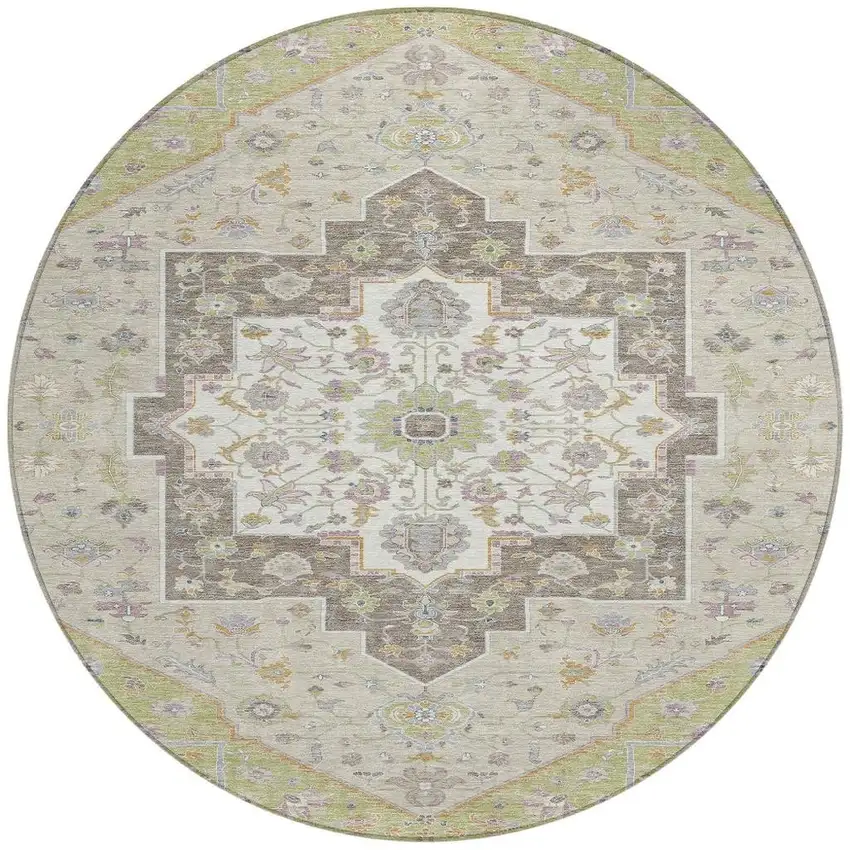 8' Green And Beige Round Floral Medallion Washable Indoor Outdoor Area Rug Photo 3