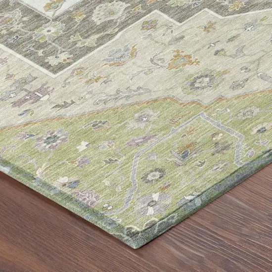 8' Green And Beige Round Floral Medallion Washable Indoor Outdoor Area Rug Photo 5