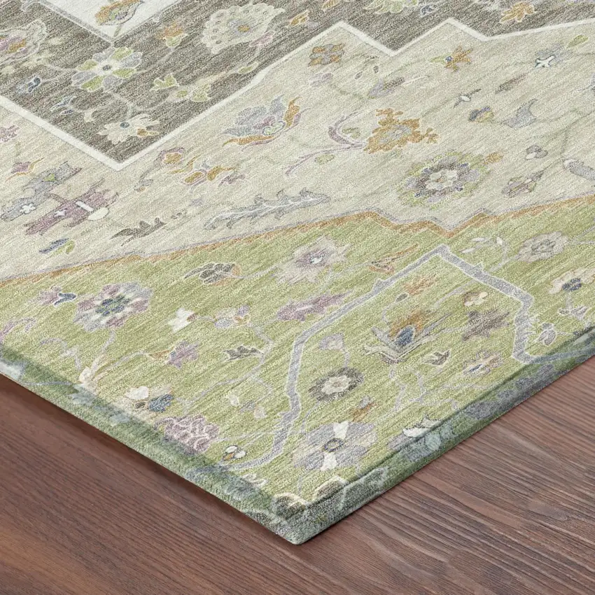 8' Green And Beige Round Floral Medallion Washable Indoor Outdoor Area Rug Photo 5