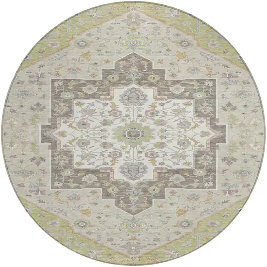 8' Green And Beige Round Floral Medallion Washable Indoor Outdoor Area Rug Photo 2