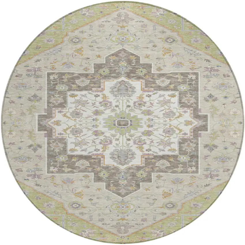 8' Green And Beige Round Floral Medallion Washable Indoor Outdoor Area Rug Photo 2