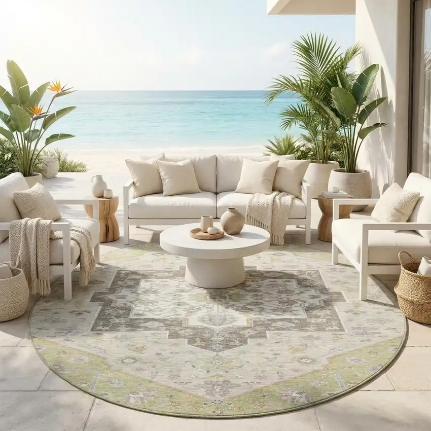 8' Green And Beige Round Floral Medallion Washable Indoor Outdoor Area Rug Photo 1