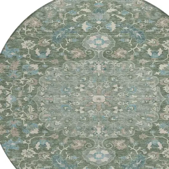 8' Green And Beige Round Floral Medallion Washable Indoor Outdoor Area Rug Photo 4