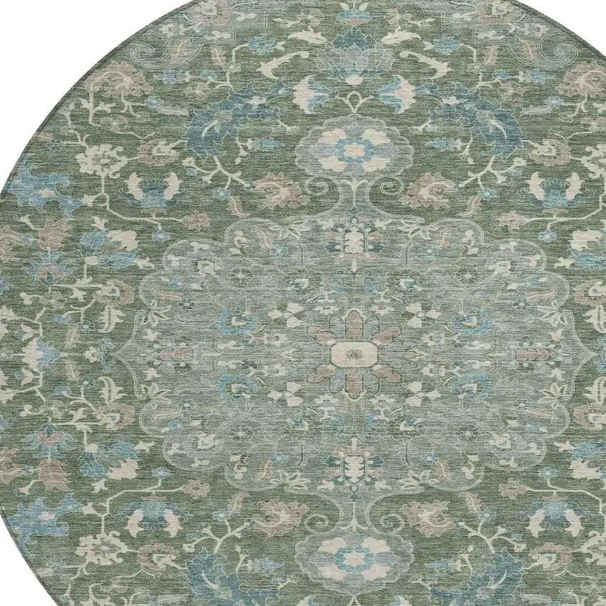 8' Green And Beige Round Floral Medallion Washable Indoor Outdoor Area Rug Photo 4