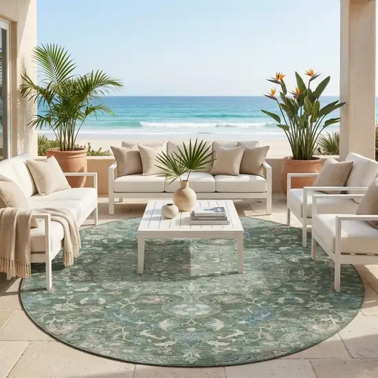 8' Green And Beige Round Floral Medallion Washable Indoor Outdoor Area Rug Photo 1