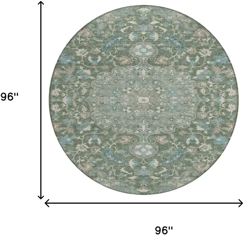 8' Green And Beige Round Floral Medallion Washable Indoor Outdoor Area Rug Photo 7