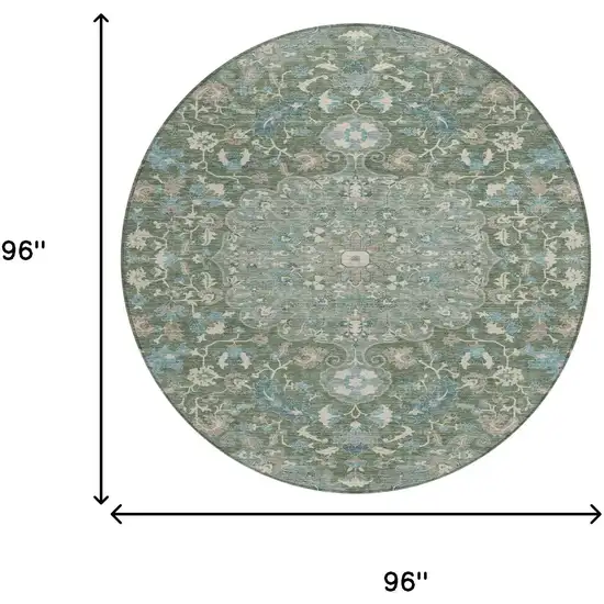 8' Green And Beige Round Floral Medallion Washable Indoor Outdoor Area Rug Photo 7
