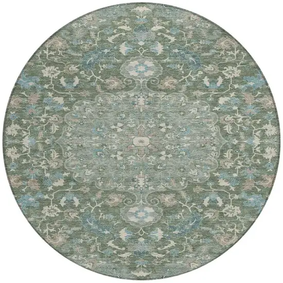 8' Green And Beige Round Floral Medallion Washable Indoor Outdoor Area Rug Photo 3