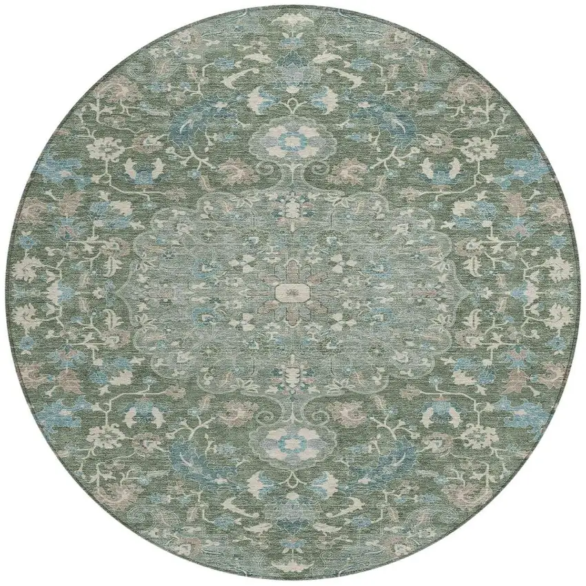 8' Green And Beige Round Floral Medallion Washable Indoor Outdoor Area Rug Photo 3