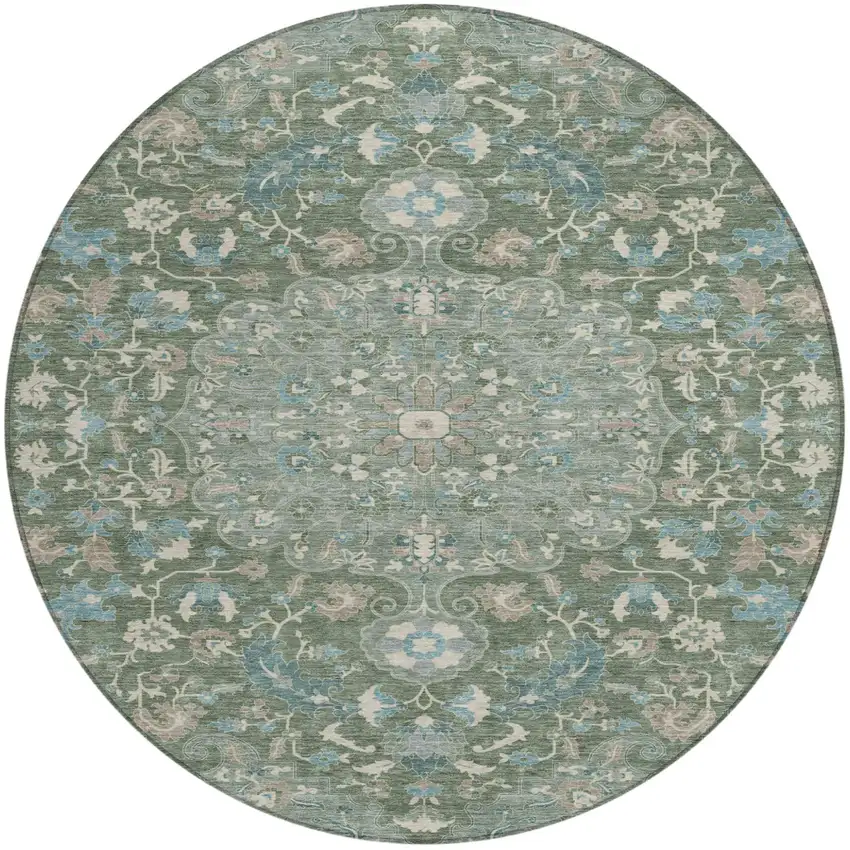 8' Green And Beige Round Floral Medallion Washable Indoor Outdoor Area Rug Photo 2