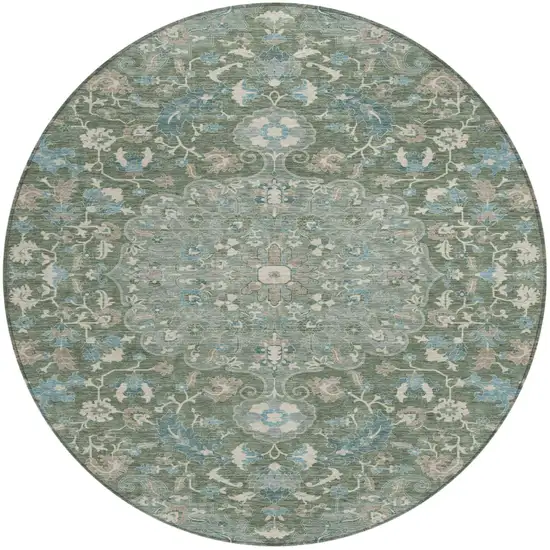 8' Green And Beige Round Floral Medallion Washable Indoor Outdoor Area Rug Photo 2