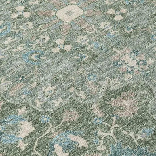 8' Green And Beige Round Floral Medallion Washable Indoor Outdoor Area Rug Photo 6