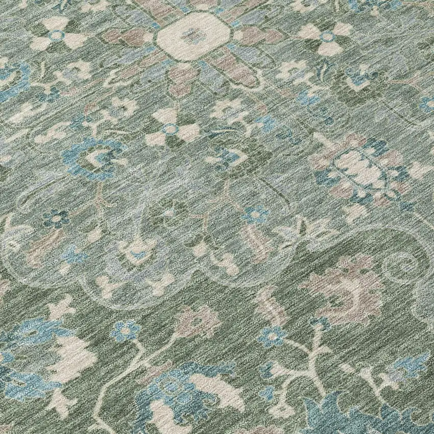 8' Green And Beige Round Floral Medallion Washable Indoor Outdoor Area Rug Photo 6