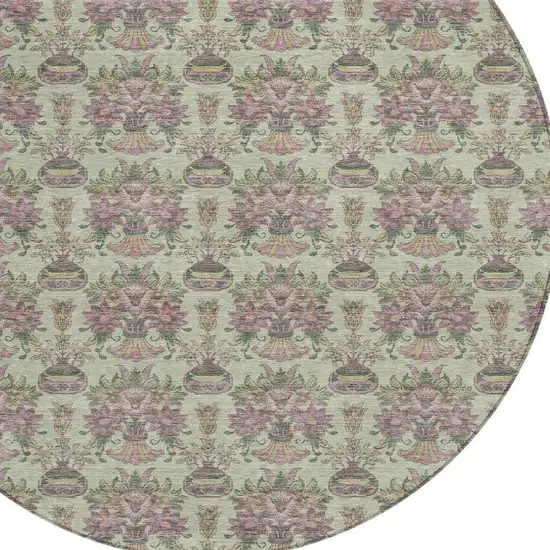 8' Green And Beige Round Floral Washable Indoor Outdoor Area Rug Photo 4