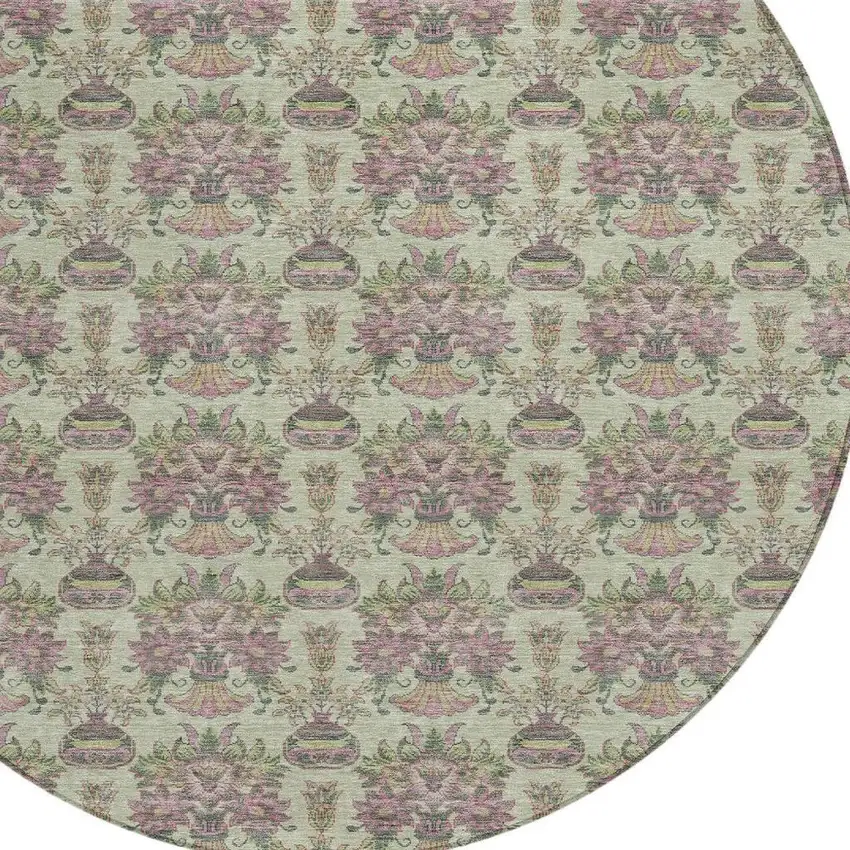 8' Green And Beige Round Floral Washable Indoor Outdoor Area Rug Photo 4
