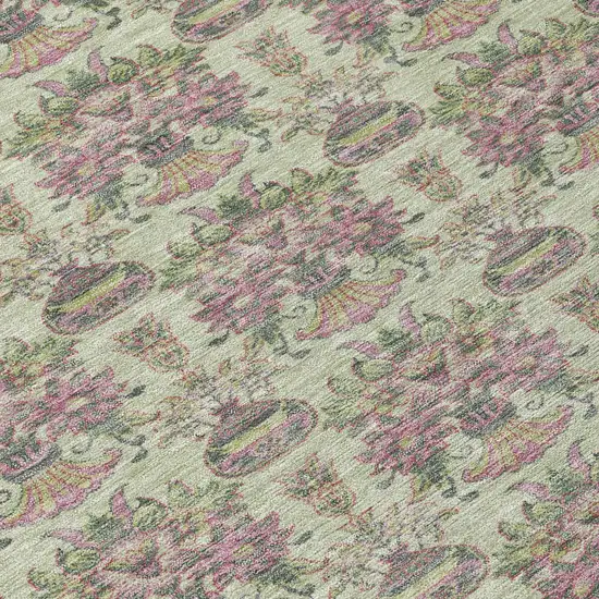 8' Green And Beige Round Floral Washable Indoor Outdoor Area Rug Photo 7