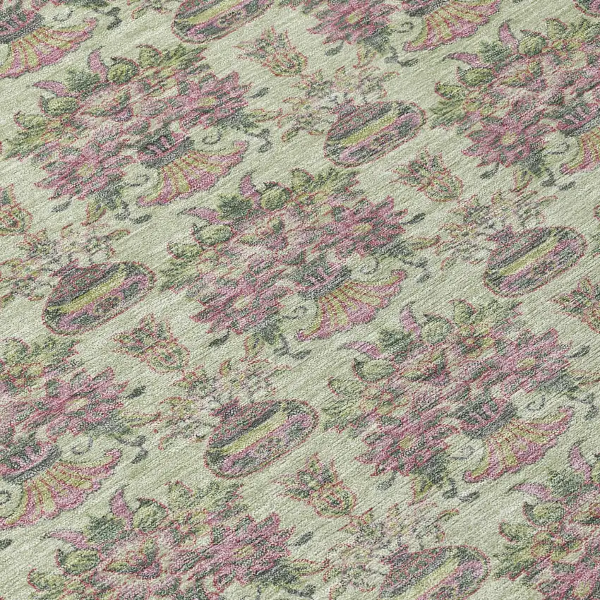 8' Green And Beige Round Floral Washable Indoor Outdoor Area Rug Photo 7