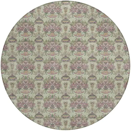 8' Green And Beige Round Floral Washable Indoor Outdoor Area Rug Photo 2