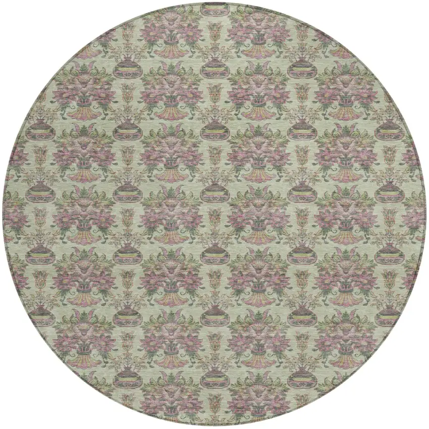 8' Green And Beige Round Floral Washable Indoor Outdoor Area Rug Photo 2