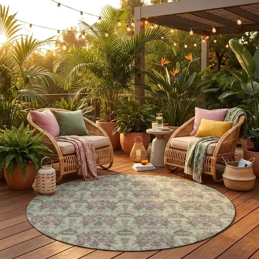 8' Green And Beige Round Floral Washable Indoor Outdoor Area Rug Photo 1