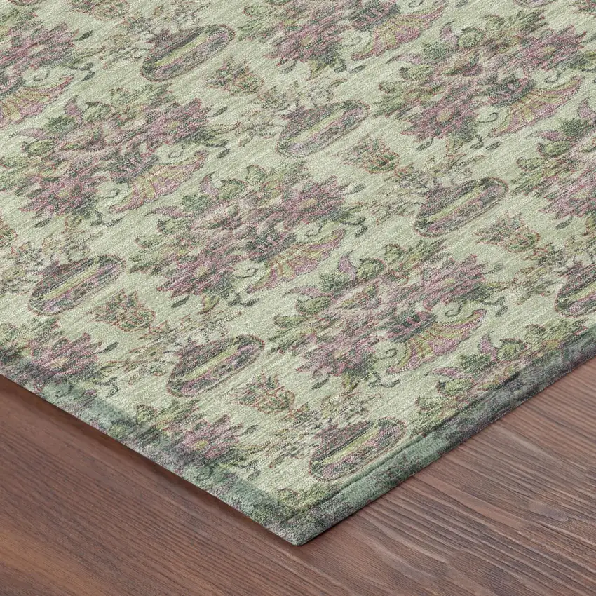8' Green And Beige Round Floral Washable Indoor Outdoor Area Rug Photo 6