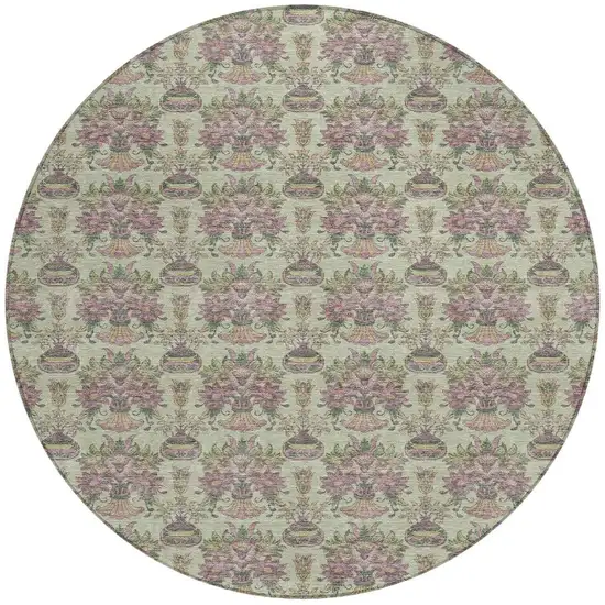 8' Green And Beige Round Floral Washable Indoor Outdoor Area Rug Photo 3