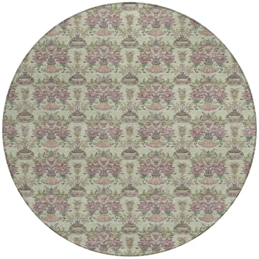 8' Green And Beige Round Floral Washable Indoor Outdoor Area Rug Photo 3